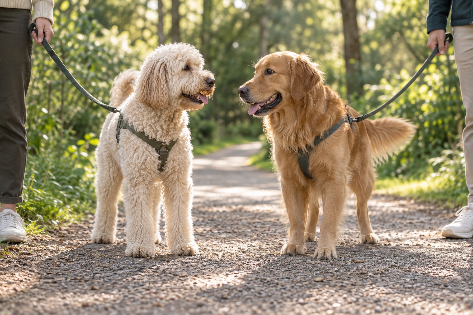 A cream doodle and golden retriever greeting each other on a sunny park path
